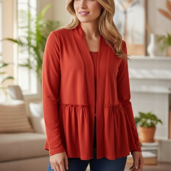 Bobeau Women's M RED Rayon Blend Semi Sheer Long Sleeve Open Front Cardigan - Picture 1 of 11